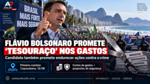 Flávio Bolsonaro promete “tesouraço” nos gastos e endurecimento contra o crime em primeiro comício