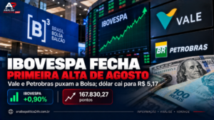 Ibovespa fecha primeira alta de agosto com Vale e Petrobras; dólar cai para R$ 5,17