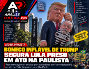 Ato na Paulista reúne 34 mil e exibe boneco de Trump segurando representação de Lula