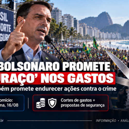 Flávio Bolsonaro promete “tesouraço” nos gastos e endurecimento contra o crime em primeiro comício
