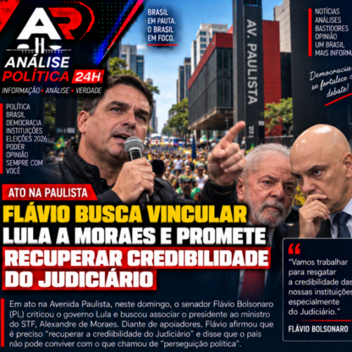 Flávio Bolsonaro critica Lula e Moraes em ato na Paulista e promete mudanças no STF