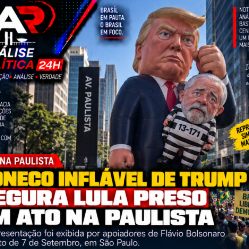 Ato na Paulista reúne 34 mil e exibe boneco de Trump segurando representação de Lula