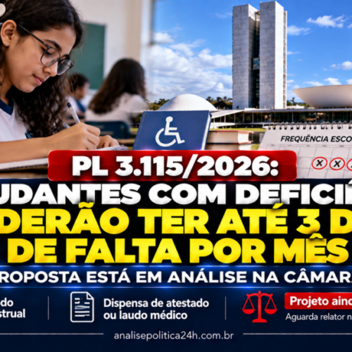 PL 3.115/2026: estudantes com deficiência poderão ter até 3 dias de falta por mês